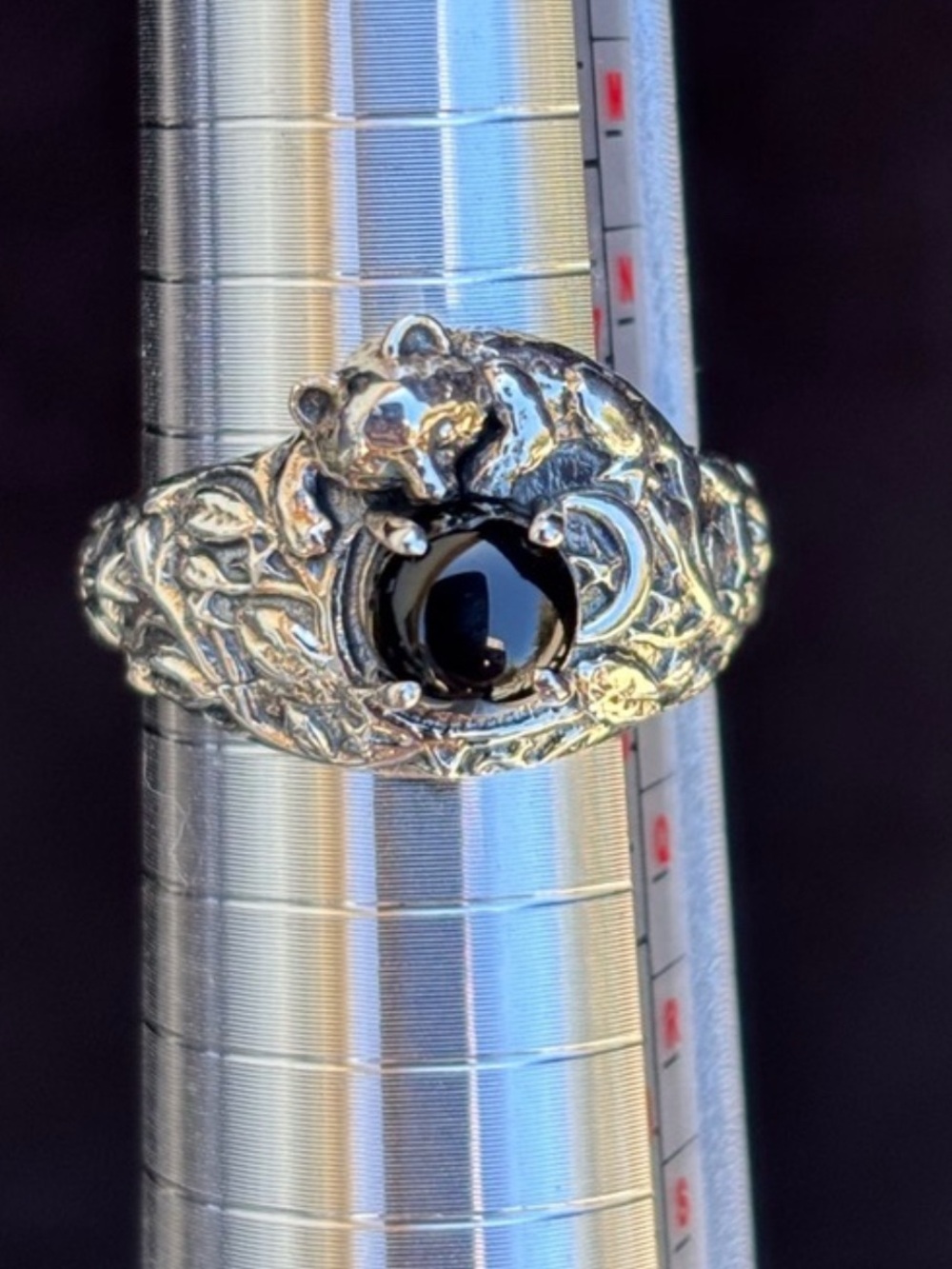 New! Custom Sterling Silver Onyx Whimsical Bear Ring - Size 7.75